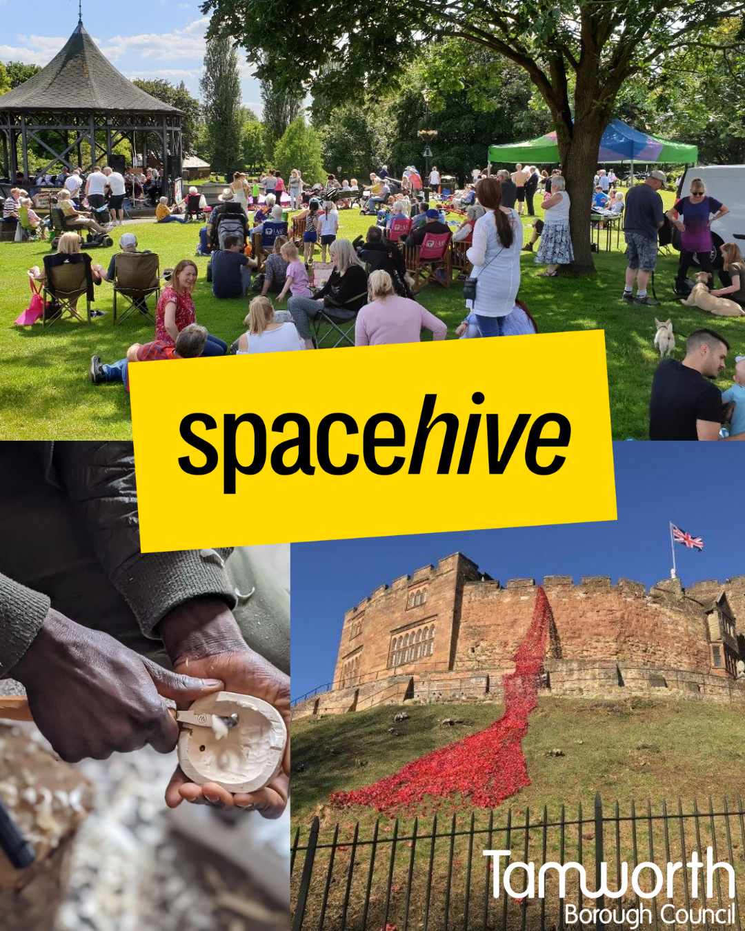 A yellow spacehive logo in the middle of the image. Above is a picture of lots of people sitting on grass. Under this to the left is some hands crafting something and on the right is Tamworth Castle.