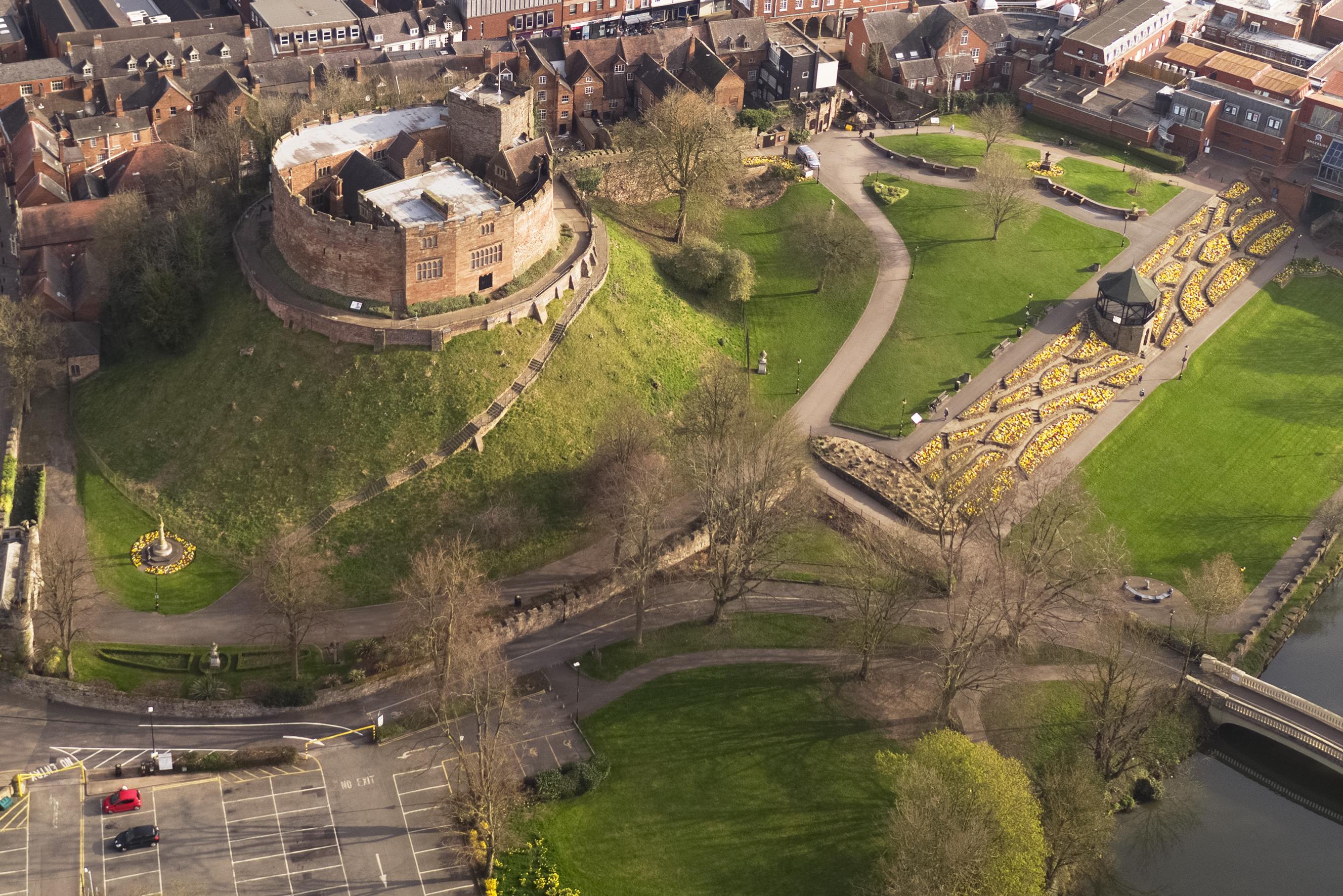 aerial view of Tamworth Castle and grounds