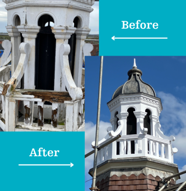 Before and after picture of the restored cupola