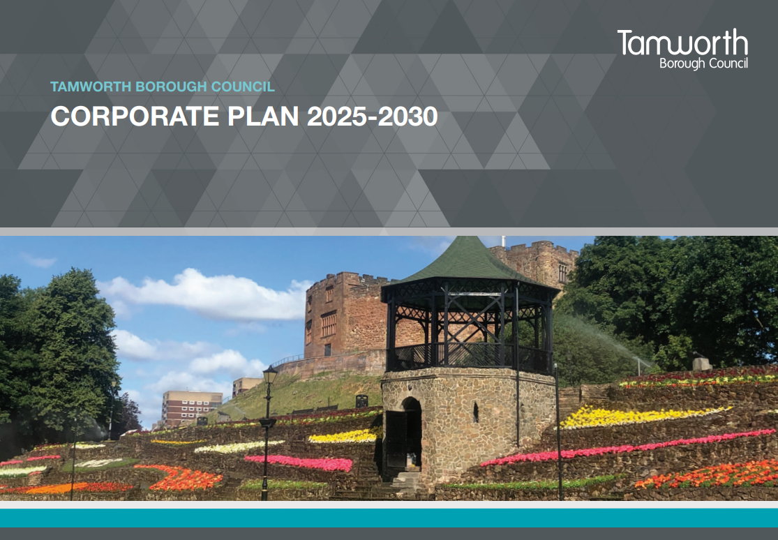 Front cover of the corporate plan. Has a grey heading with the title at the top and then below is picture of the bandstand in front of the castle with coloured flowers