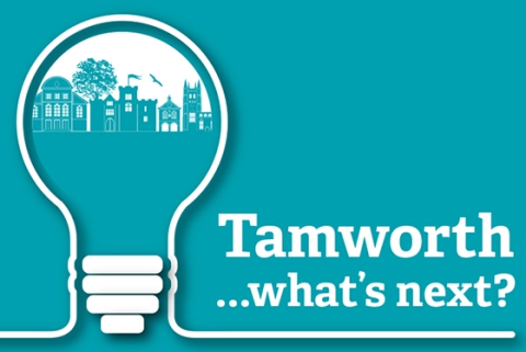 Teal image with a lightbulb on the left with a graphic image of Tamworth inside