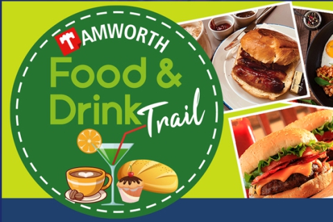 Green food and drink trail logo with pictures of burgers on the right