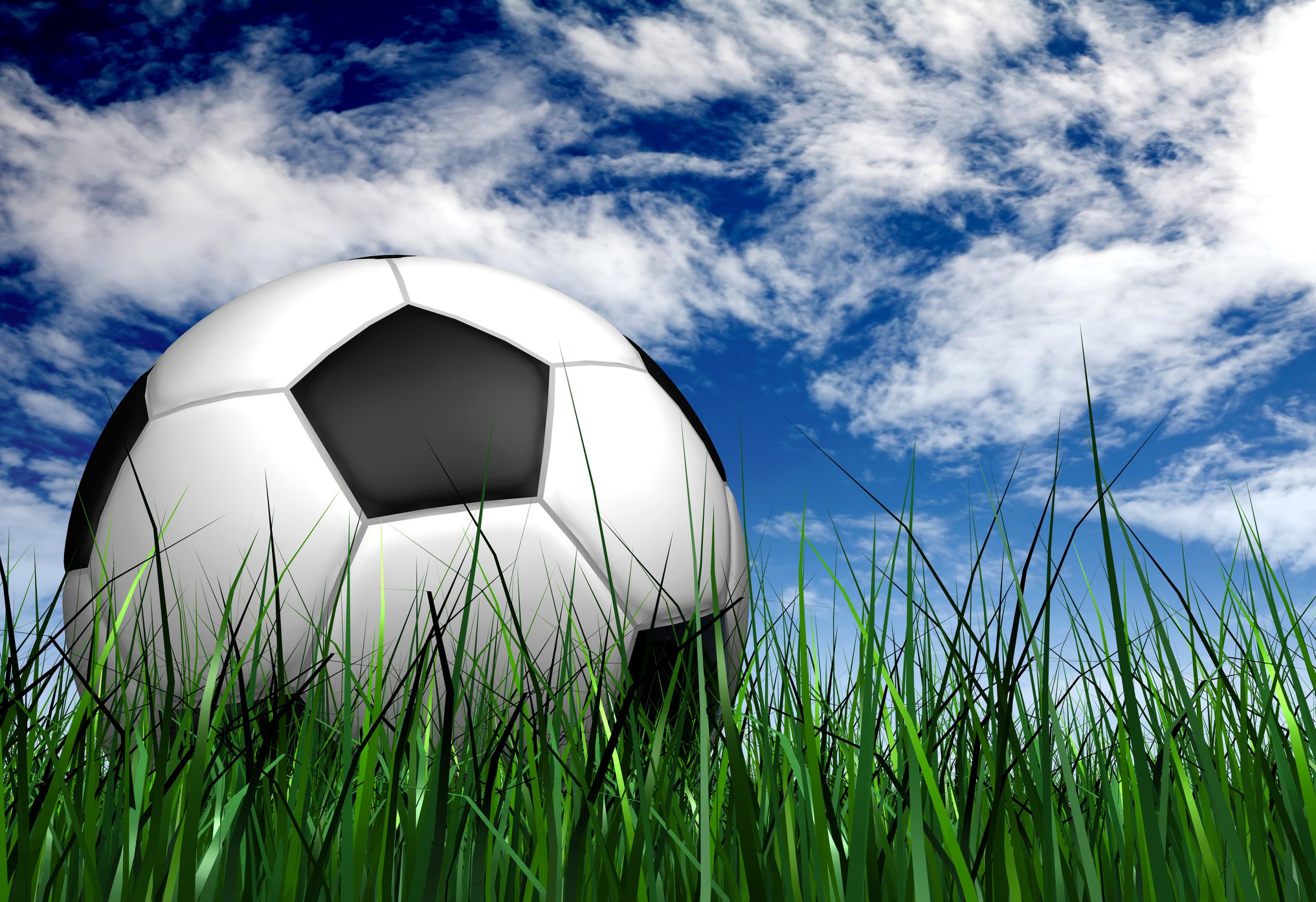 a white and black football on long green grass with a blue and white cloud sky