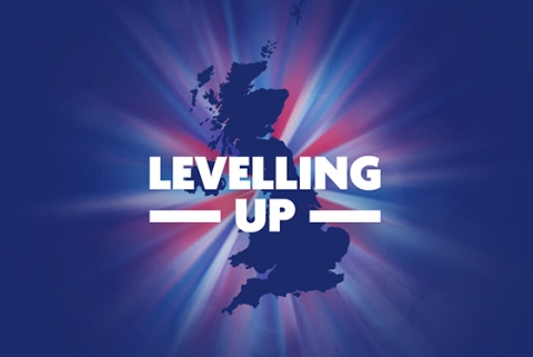 A map image of the UK with the words 'levelling up' on the top in white capital letters