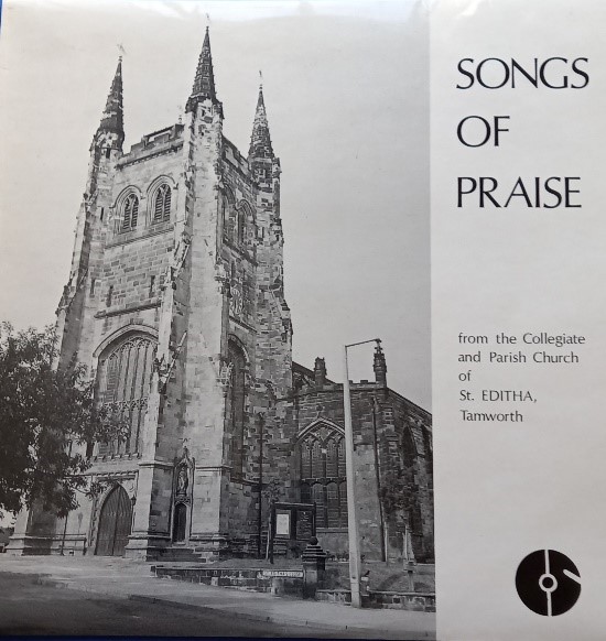 black and white record album cover from Songs of Praise with a photo of St Editha's church