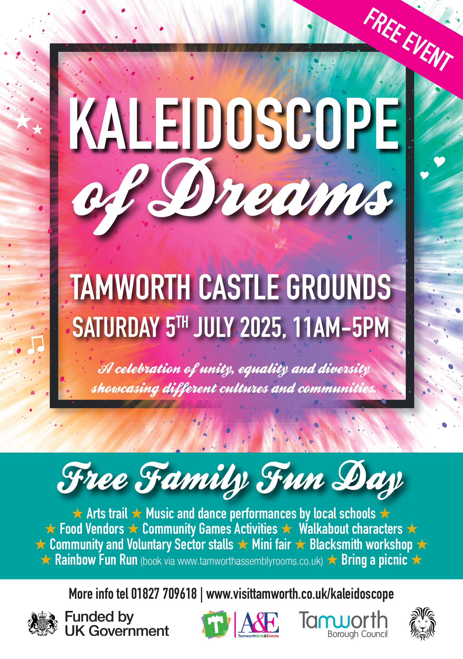 poster with splats of rainbow colour and details about an event