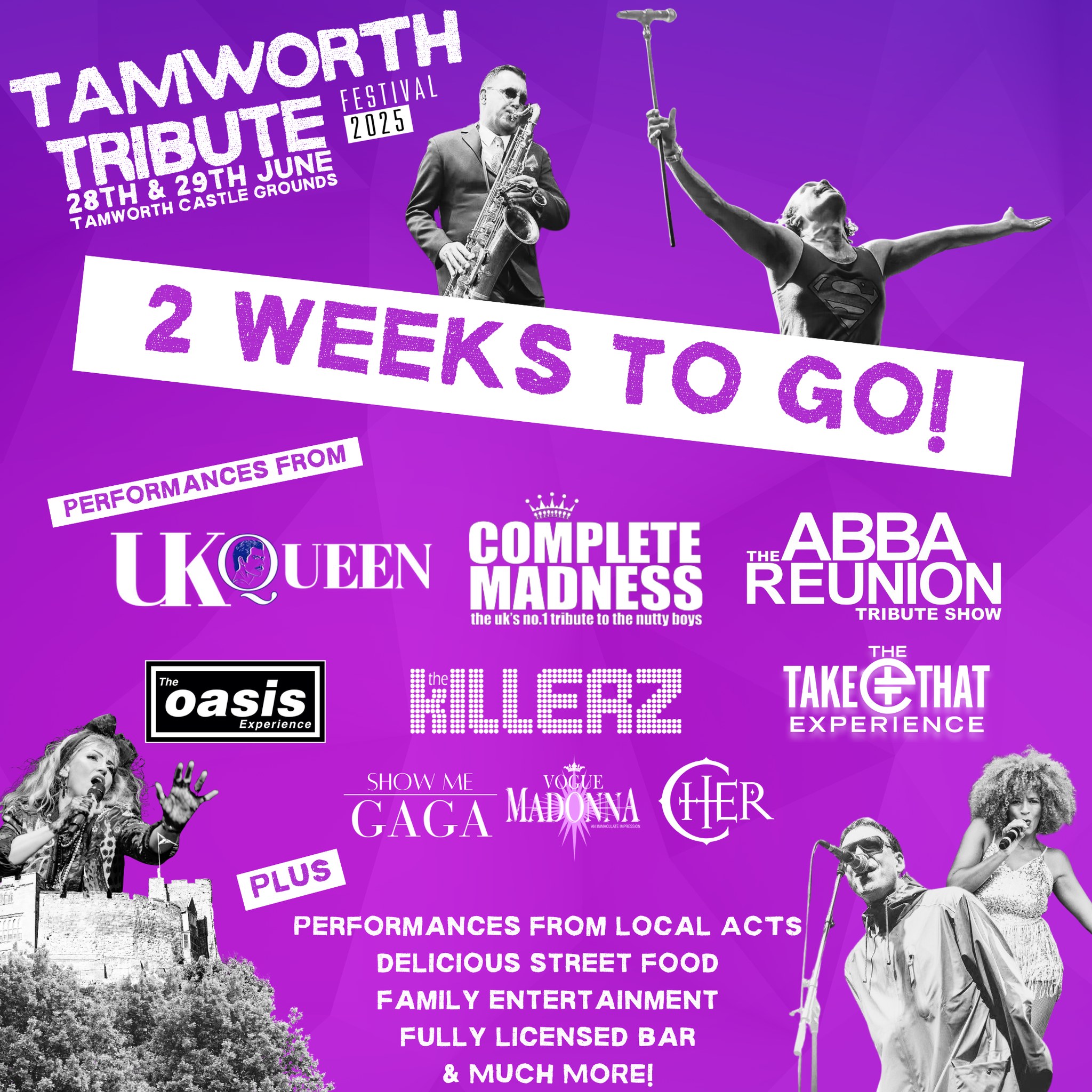 purple background poster with 2 weeks to go text and acts listed for Tamworth Tribute Festival