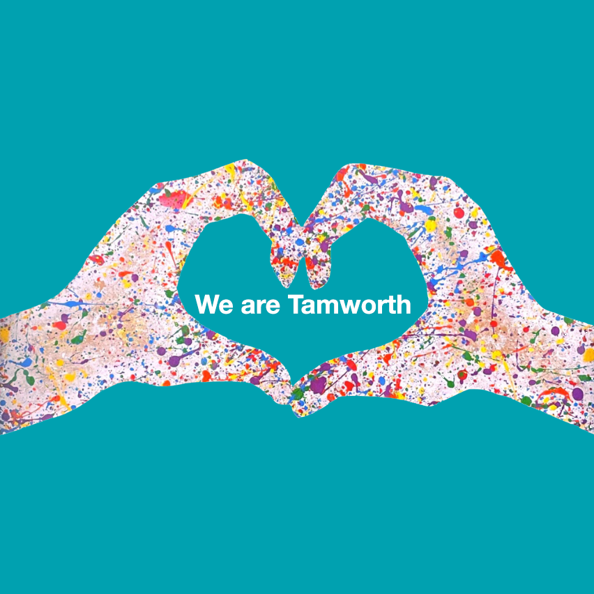 Teal background with heart hands covered in paint splashes