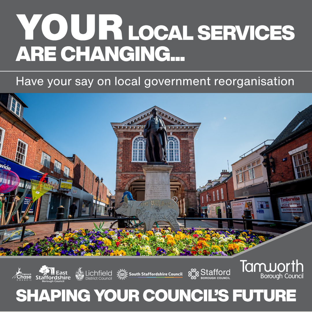 Tamworth Town Hall on a poster stating that local services are changing