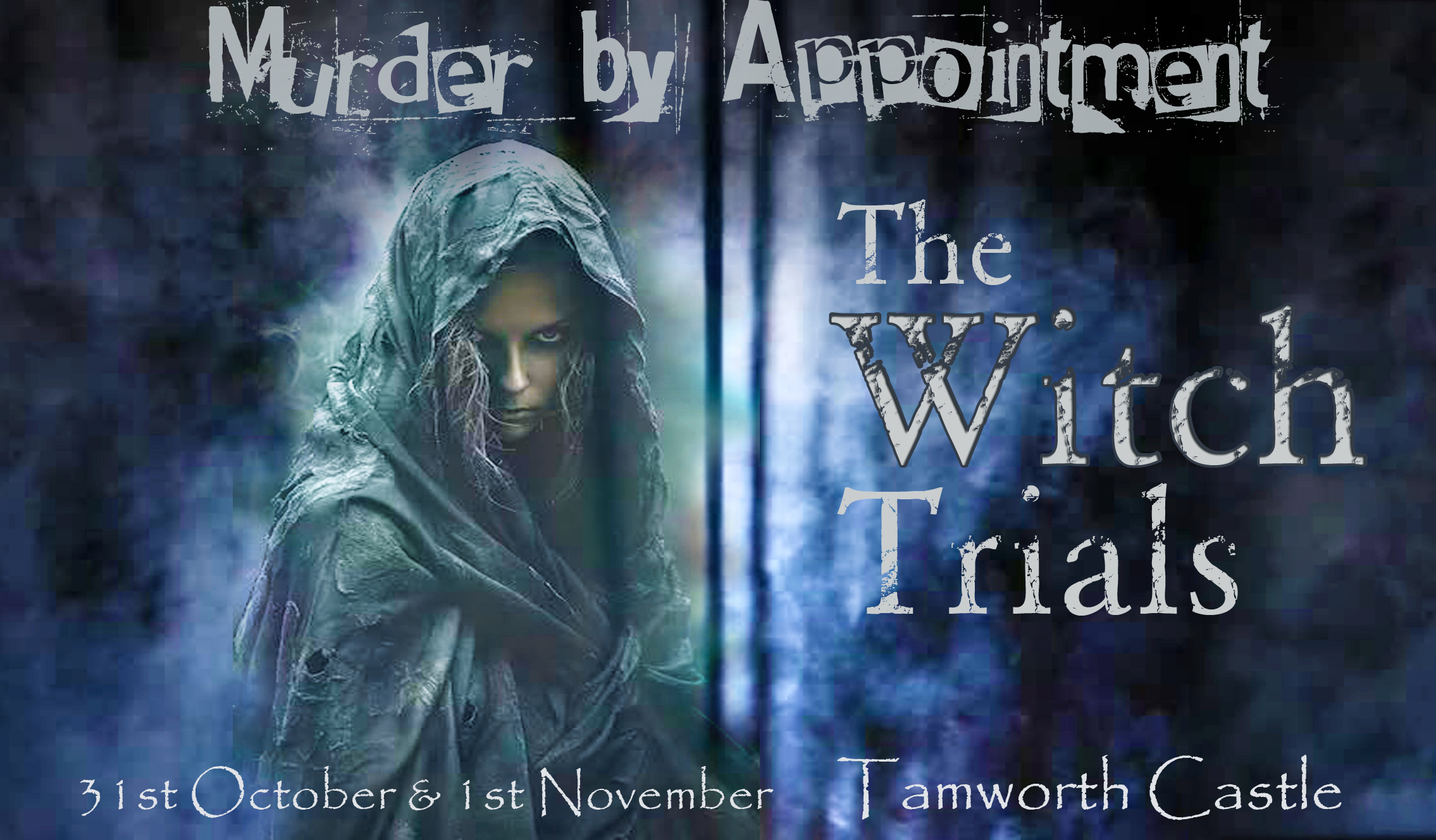 graphic image with dark background of a person in a hooded cloak looking spooky