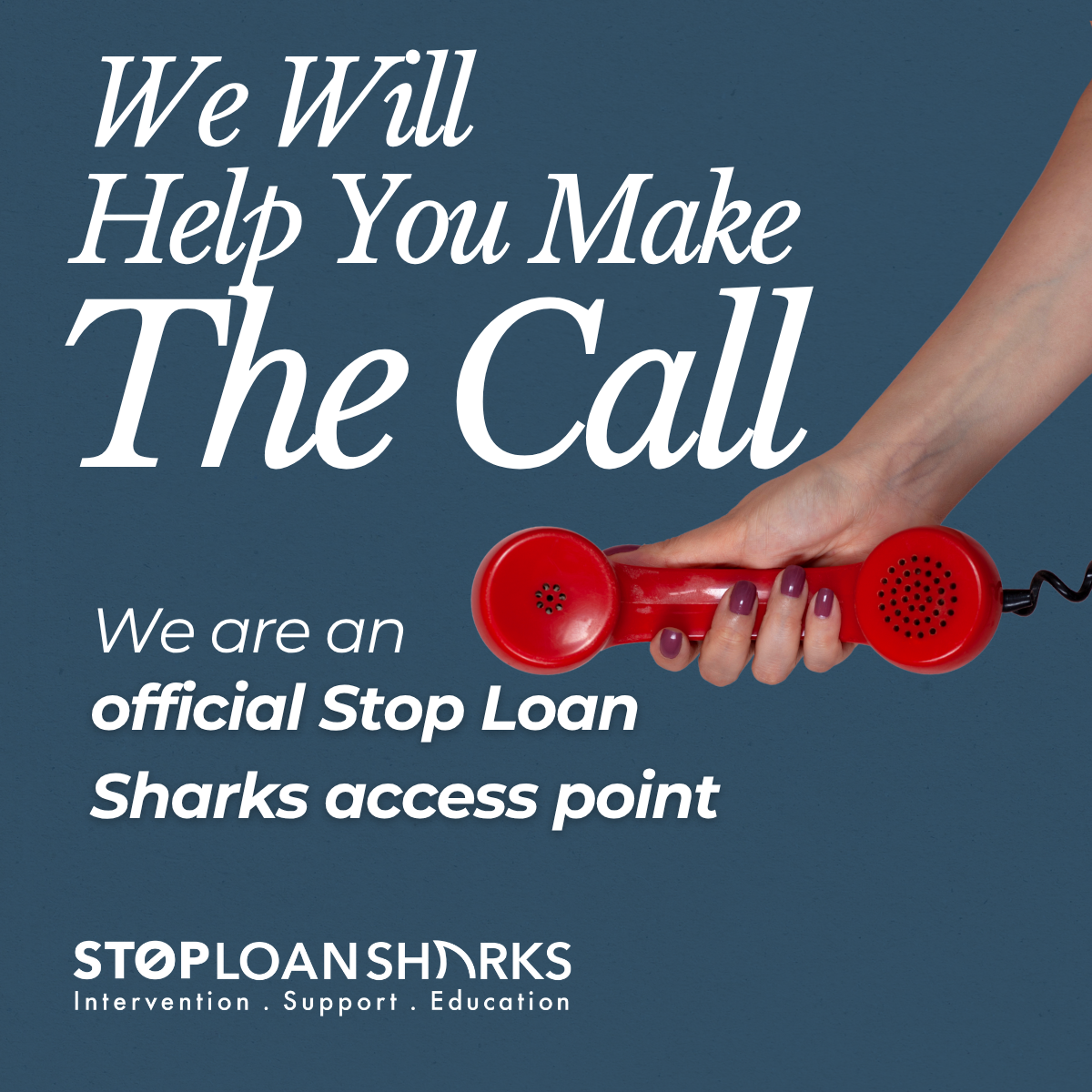 poster with grey background and persons arm holding a red telephone receiver/handset