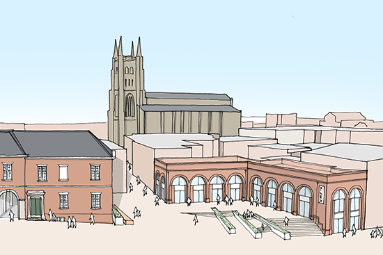 artist impression of units with church in background