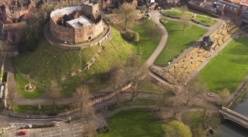 aerial view of Tamworth Castle and grounds