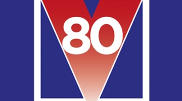 graphic of the number 80 in a red letter V with a blue background