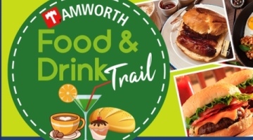 Green food and drink trail logo with pictures of burgers on the right