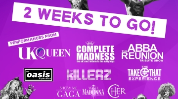 purple background poster with 2 weeks to go text and acts listed for Tamworth Tribute Festival