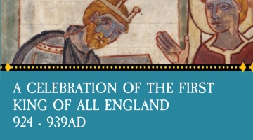 poster with teal background, old drawing of a Anglo-Saxon king and logo saying Athelstan 1100