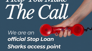 poster with grey background and persons arm holding a red telephone receiver/handset